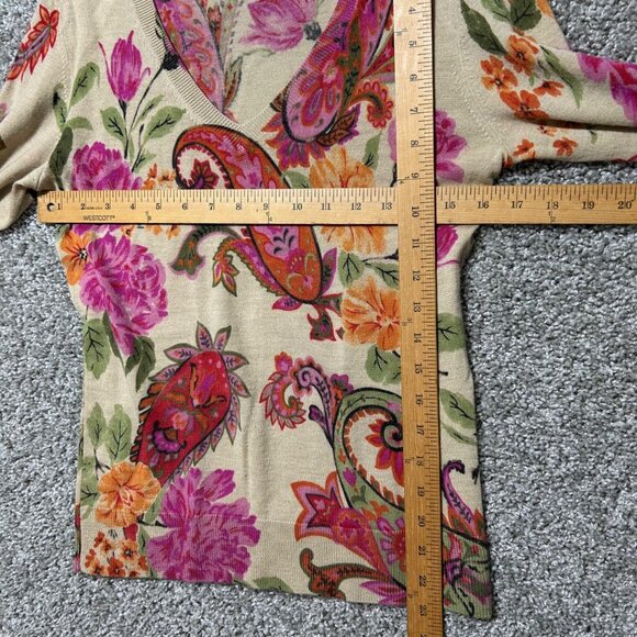 Talbots Petites Womens Sz M Sweater V Neck Floral & Paisley Print Merino Wool - Picture 5 of 7